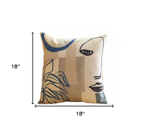 Homeroots Set Of Two 18" Ivory Blue And Gray Abstract Face Fabric Throw Pillows   471793