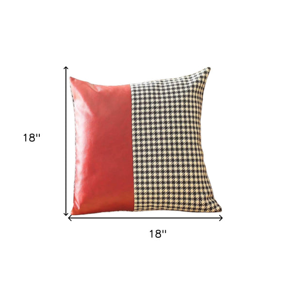 Homeroots Set Of Two 18" Red Black And White Houndstooth Fabric And Faux Leather Throw Pillows   471800