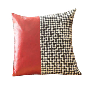 Homeroots Set Of Two 18" Red Black And White Houndstooth Fabric And Faux Leather Throw Pillows   471800