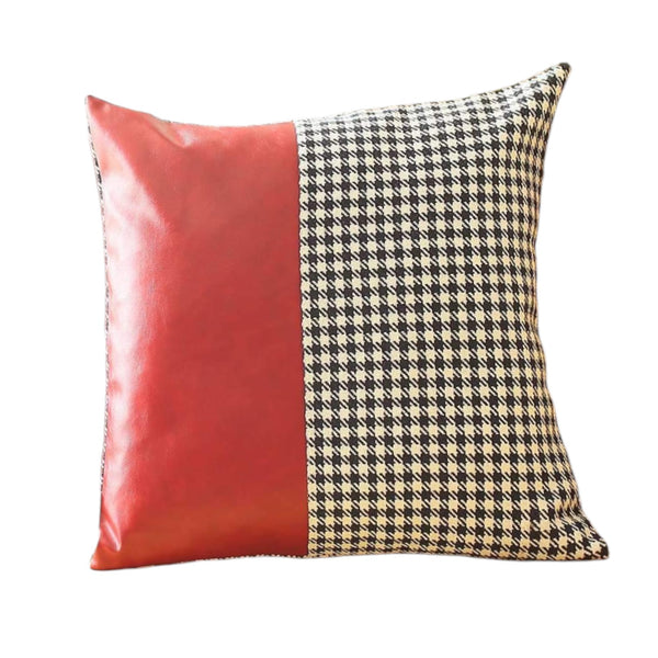 Homeroots Set Of Two 18" Red Black And White Houndstooth Fabric And Faux Leather Throw Pillows   471800