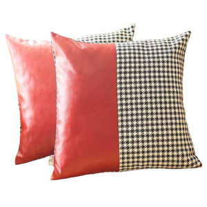 Homeroots Set Of Two 18" Red Black And White Houndstooth Fabric And Faux Leather Throw Pillows   471800