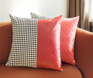 Homeroots Set Of Two 18" Red Black And White Houndstooth Fabric And Faux Leather Throw Pillows   471800