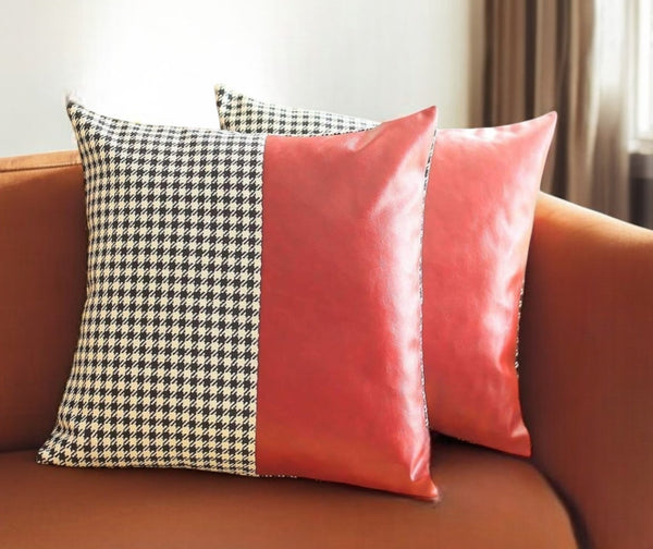 Homeroots Set Of Two 18" Red Black And White Houndstooth Fabric And Faux Leather Throw Pillows   471800