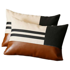 Homeroots Set Of Two 12" X 20" Brown Black And Ivory Striped Fabric And Faux Leather Lumbar Throw Pillows   471802