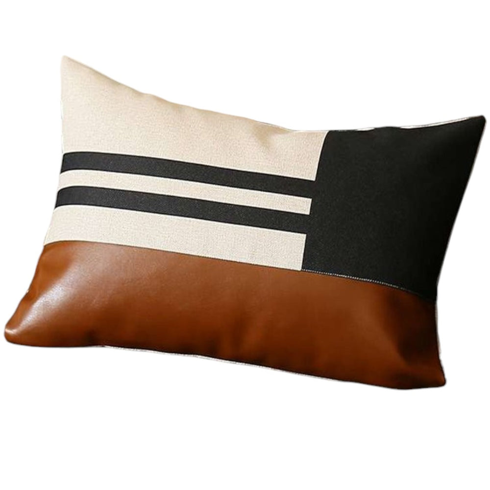 Homeroots Set Of Two 12" X 20" Brown Black And Ivory Striped Fabric And Faux Leather Lumbar Throw Pillows   471802
