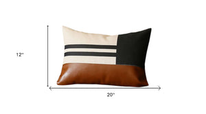 Homeroots Set Of Two 12" X 20" Brown Black And Ivory Striped Fabric And Faux Leather Lumbar Throw Pillows   471802