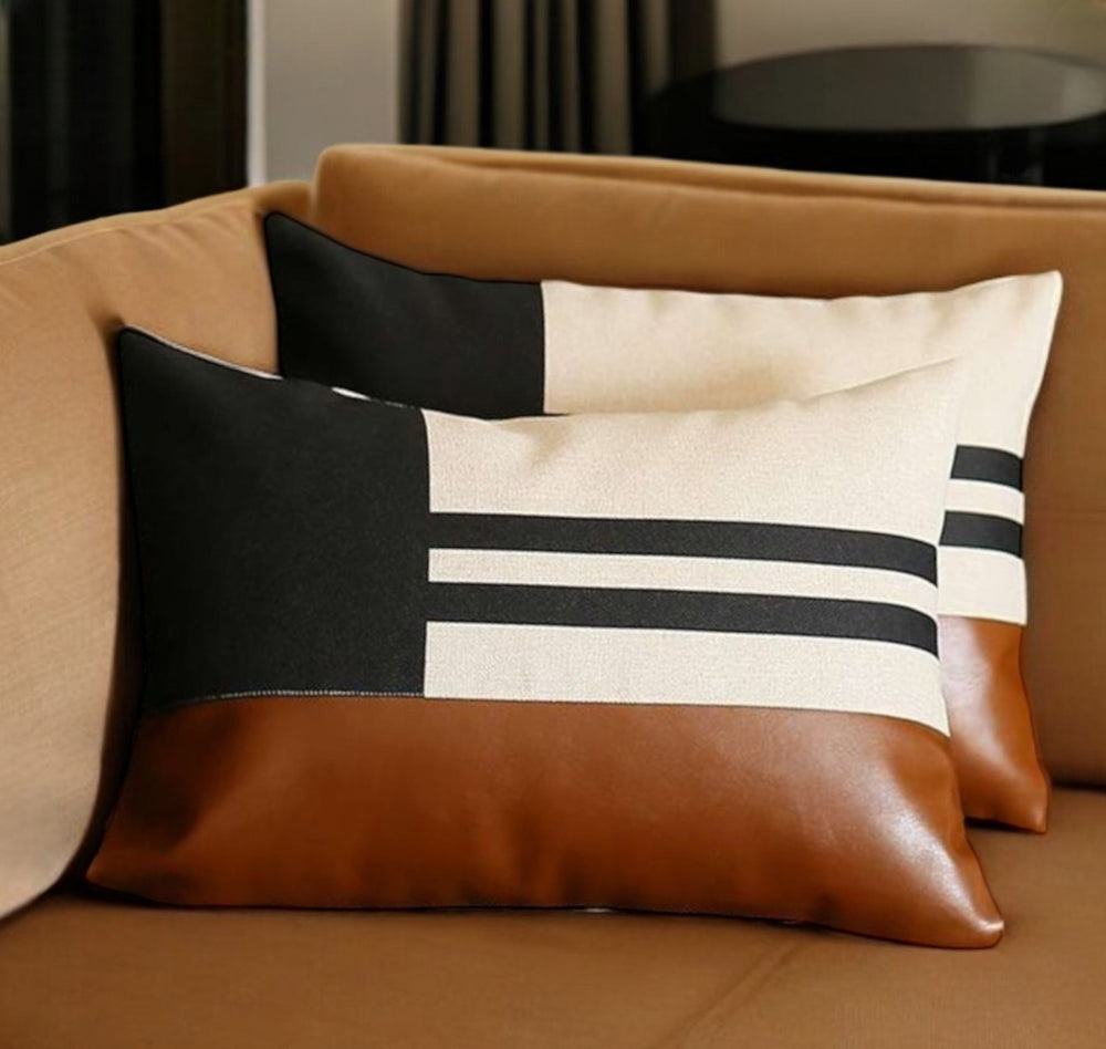 Homeroots Set Of Two 12" X 20" Brown Black And Ivory Striped Fabric And Faux Leather Lumbar Throw Pillows   471802