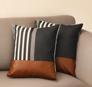 Homeroots Set Of Two 18" Brown Black And Ivory Striped Fabric And Faux Leather Throw Pillows   471803
