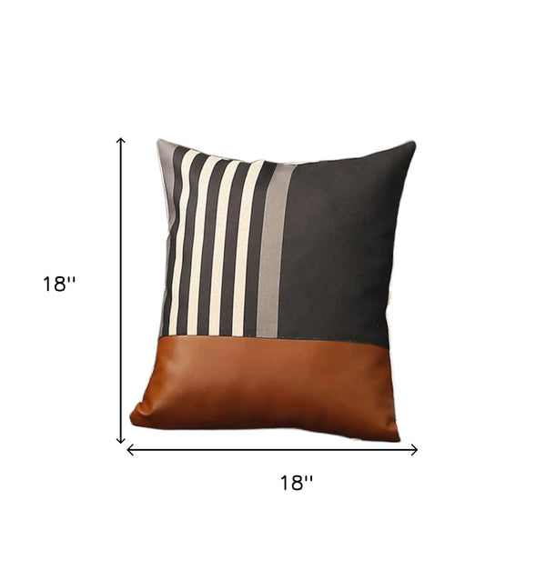 Homeroots Set Of Two 18" Brown Black And Ivory Striped Fabric And Faux Leather Throw Pillows   471803