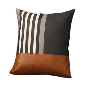 Homeroots Set Of Two 18" Brown Black And Ivory Striped Fabric And Faux Leather Throw Pillows   471803