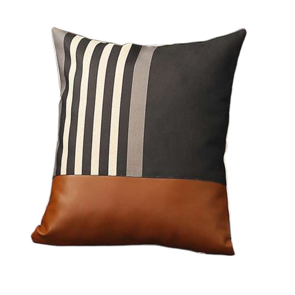 Homeroots Set Of Two 18" Brown Black And Ivory Striped Fabric And Faux Leather Throw Pillows   471803
