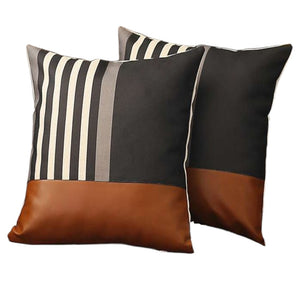 Homeroots Set Of Two 18" Brown Black And Ivory Striped Fabric And Faux Leather Throw Pillows   471803