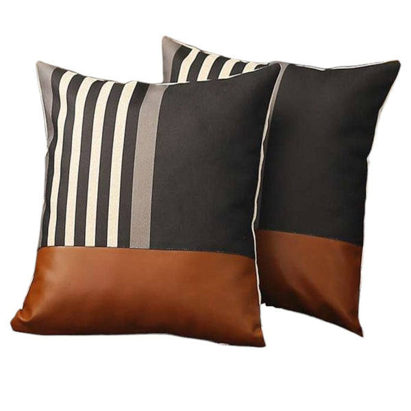 Homeroots Set Of Two 18" Brown Black And Ivory Striped Fabric And Faux Leather Throw Pillows   471803