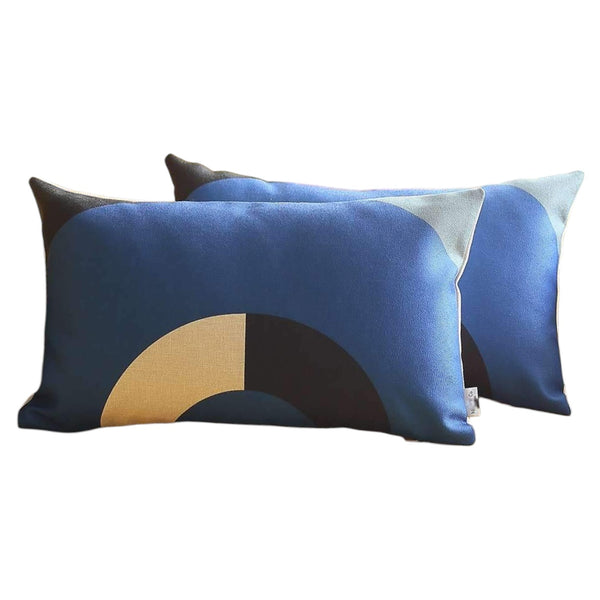 Homeroots Set Of Two 12" X 20" Blue Black And Beige Geometric Fabric Lumbar Throw Pillows   471805