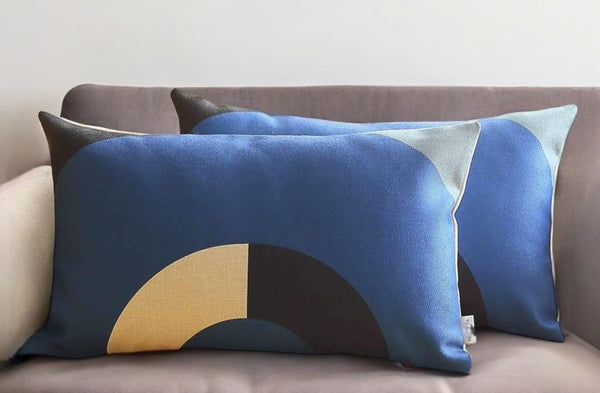 Homeroots Set Of Two 12" X 20" Blue Black And Beige Geometric Fabric Lumbar Throw Pillows   471805