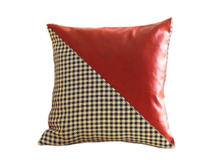 Homeroots Set Of Four 18" Red Black And White Houndstooth Fabric And Faux Leather Throw Pillows   471833