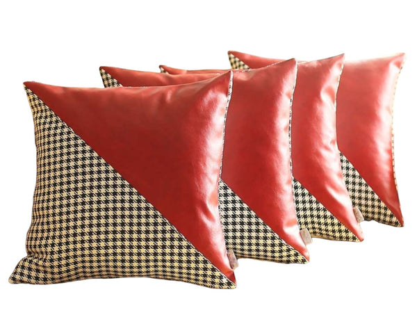 Homeroots Set Of Four 18" Red Black And White Houndstooth Fabric And Faux Leather Throw Pillows   471833