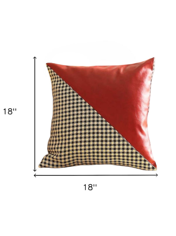 Homeroots Set Of Four 18" Red Black And White Houndstooth Fabric And Faux Leather Throw Pillows   471833