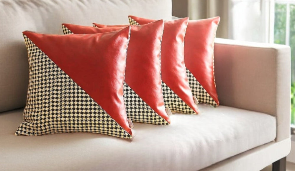 HomeRoots Set of Four 18" Houndstooth Throw Pillows in Red, Black, and White - Modern Accent for Your Home 471833