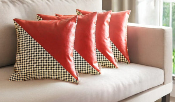 Homeroots Set Of Four 18" Red Black And White Houndstooth Fabric And Faux Leather Throw Pillows   471833