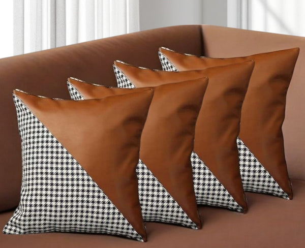 Homeroots Set Of Four 18" Brown Black And White Houndstooth Fabric And Faux Leather Throw Pillows   471834