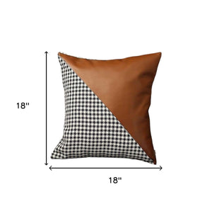 Homeroots Set Of Four 18" Brown Black And White Houndstooth Fabric And Faux Leather Throw Pillows   471834