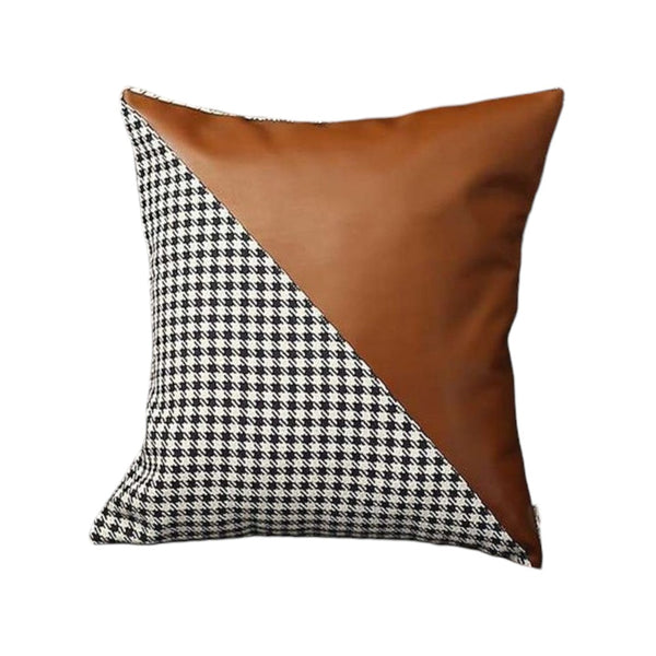 Homeroots Set Of Four 18" Brown Black And White Houndstooth Fabric And Faux Leather Throw Pillows   471834