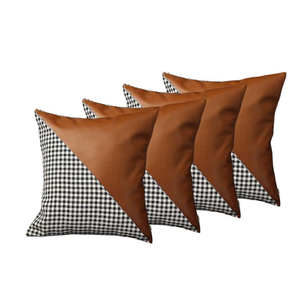 Homeroots Set Of Four 18" Brown Black And White Houndstooth Fabric And Faux Leather Throw Pillows   471834