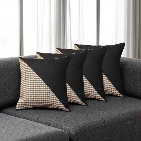 HomeRoots Set of Four Timeless Houndstooth Throw Pillows in Brown, Black & White for Cozy Home Décor 471844