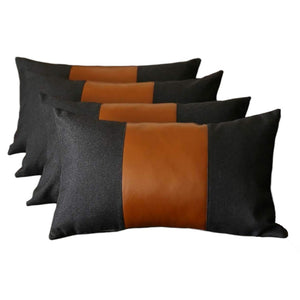 HomeRoots Set of Four Black & Brown Color Block Lumbar Pillows - Soft Polyester & Faux Leather for Comfort 471847