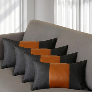 HomeRoots Set of Four Black & Brown Color Block Lumbar Pillows - Soft Polyester & Faux Leather for Comfort 471847