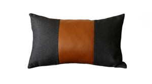 HomeRoots Set of Four Black & Brown Color Block Lumbar Pillows - Soft Polyester & Faux Leather for Comfort 471847