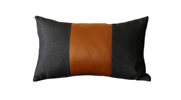 HomeRoots Set of Four Black & Brown Color Block Lumbar Pillows - Soft Polyester & Faux Leather for Comfort 471847