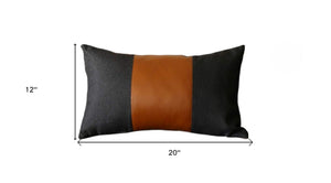 HomeRoots Set of Four Black & Brown Color Block Lumbar Pillows - Soft Polyester & Faux Leather for Comfort 471847