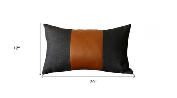HomeRoots Set of Four Black & Brown Color Block Lumbar Pillows - Soft Polyester & Faux Leather for Comfort 471847