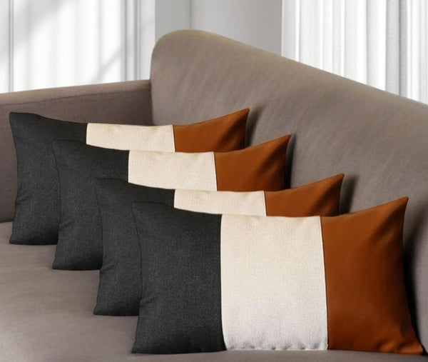 HomeRoots Set of Four Modern Color Block Lumbar Throw Pillows - Black, Ivory & Brown Faux Leather Comfort 471849