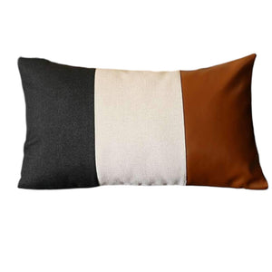 HomeRoots Set of Four Modern Color Block Lumbar Throw Pillows - Black, Ivory & Brown Faux Leather Comfort 471849