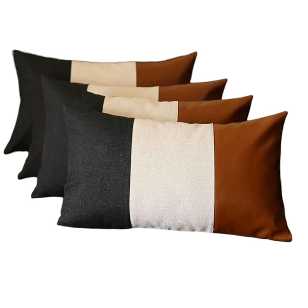 HomeRoots Set of Four Modern Color Block Lumbar Throw Pillows - Black, Ivory & Brown Faux Leather Comfort 471849