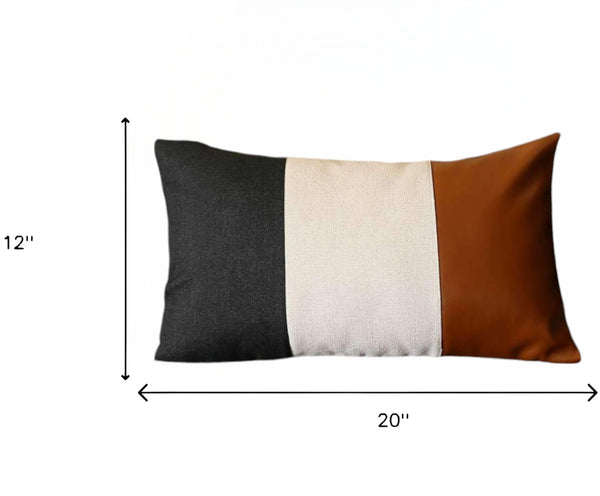 HomeRoots Set of Four Modern Color Block Lumbar Throw Pillows - Black, Ivory & Brown Faux Leather Comfort 471849