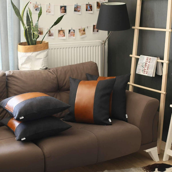 HomeRoots Set of Four 18" Brown & Black Faux Leather Throw Pillows – Stylish Home Décor for Any Room 471851