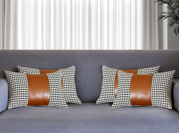 Homeroots Set Of Four 12" X 20" Brown Black And White Houndstooth Fabric And Faux Leather Lumbar Throw Pillows   471852