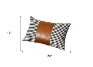 Homeroots Set Of Four 12" X 20" Brown Black And White Houndstooth Fabric And Faux Leather Lumbar Throw Pillows   471852