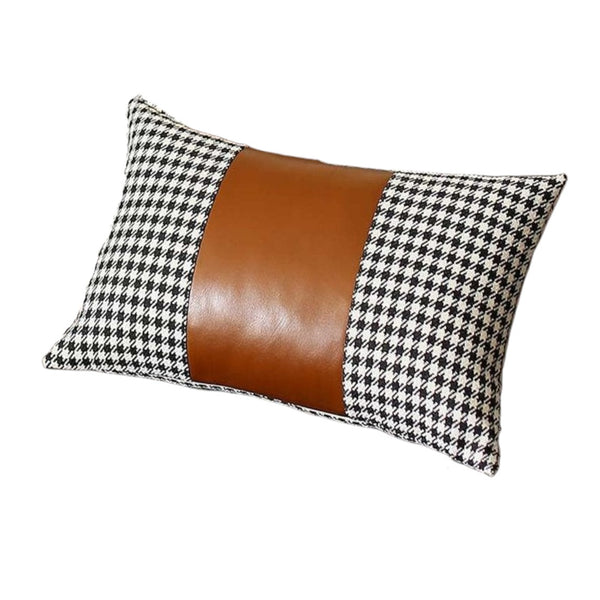 Homeroots Set Of Four 12" X 20" Brown Black And White Houndstooth Fabric And Faux Leather Lumbar Throw Pillows   471852