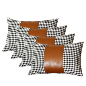 Homeroots Set Of Four 12" X 20" Brown Black And White Houndstooth Fabric And Faux Leather Lumbar Throw Pillows   471852
