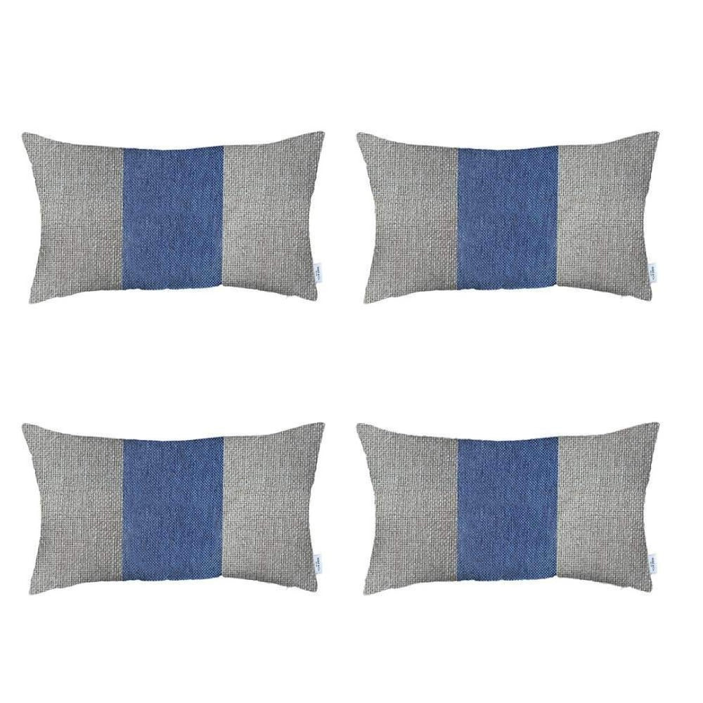 HomeRoots Set of Four Handmade 20" x 12" Grey & Blue Geometric Lumbar Pillows for Comfort & Style 471864