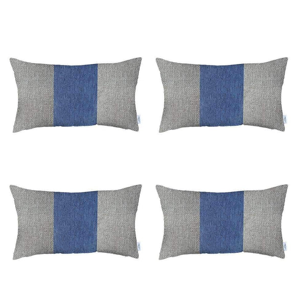 Homeroots Set Of Four 20" X 12" Grey And Blue Geometric Zippered Handmade Polyester Lumbar Pillow   471864