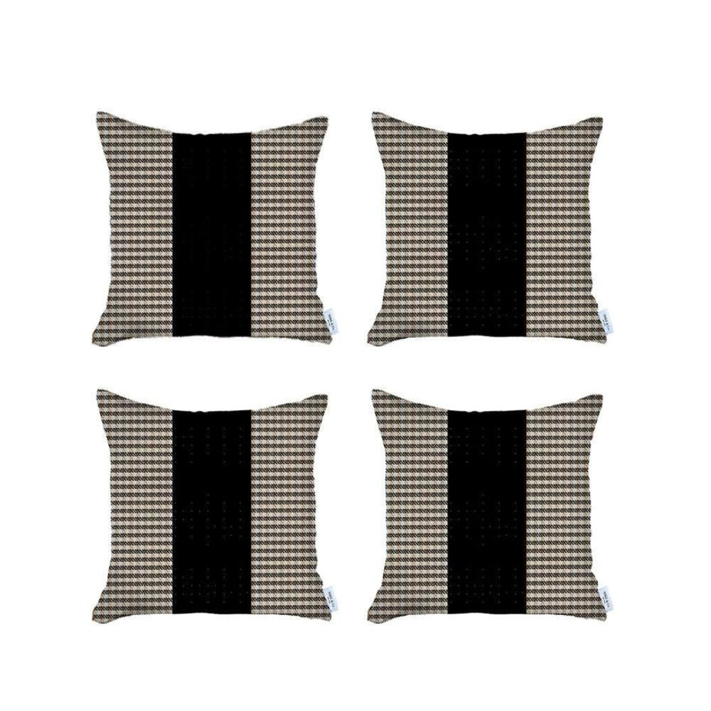 HomeRoots Set of Four Handmade 18" X 18" Brown & Black Houndstooth Throw Pillows for Chic Home Decor 471884