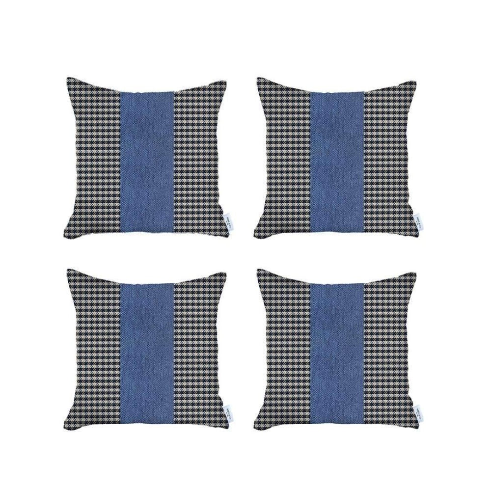 HomeRoots Set of Four Timeless 18" Houndstooth Throw Pillows - Soft Polyester, Stylish Blue & White Design 471885