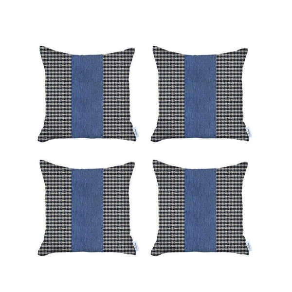 HomeRoots Set of Four Timeless 18" Houndstooth Throw Pillows - Soft Polyester, Stylish Blue & White Design 471885
