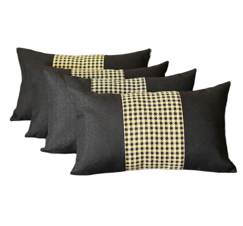 HomeRoots Set of Four 12" X 20" Black and Yellow Houndstooth Pillows for Stylish Comfort and Support 471887